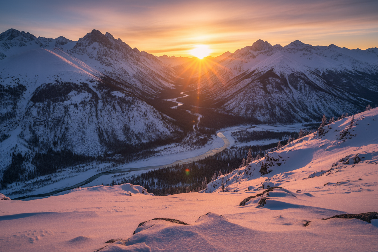 ATARDECER EN LAS  MONTAÑAS CON NIEVE