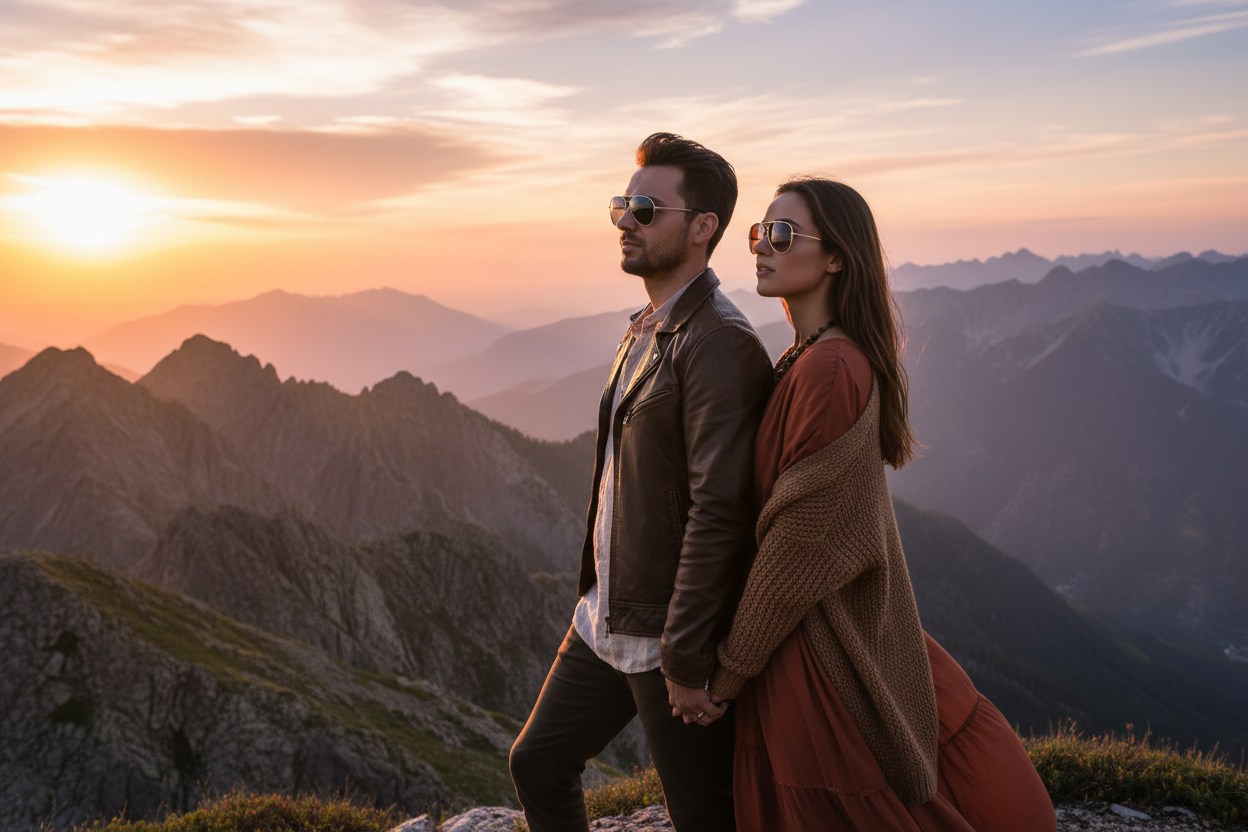 IMAGEN DE HOMBRE Y MUJER CON MODELOS DE GAFAS DE PILOTO MIRANDO AL HORIZONTE DE UNA MONTAÑA ATARDECIENDO